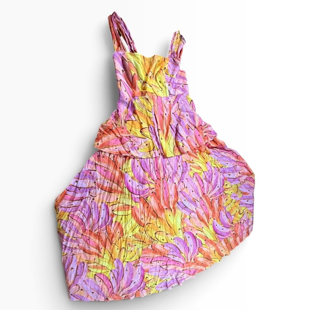 NEW Farm Rio Pink Banana Print Pleated Peplum Maxi Dress  Tropical SZ M BEACHY